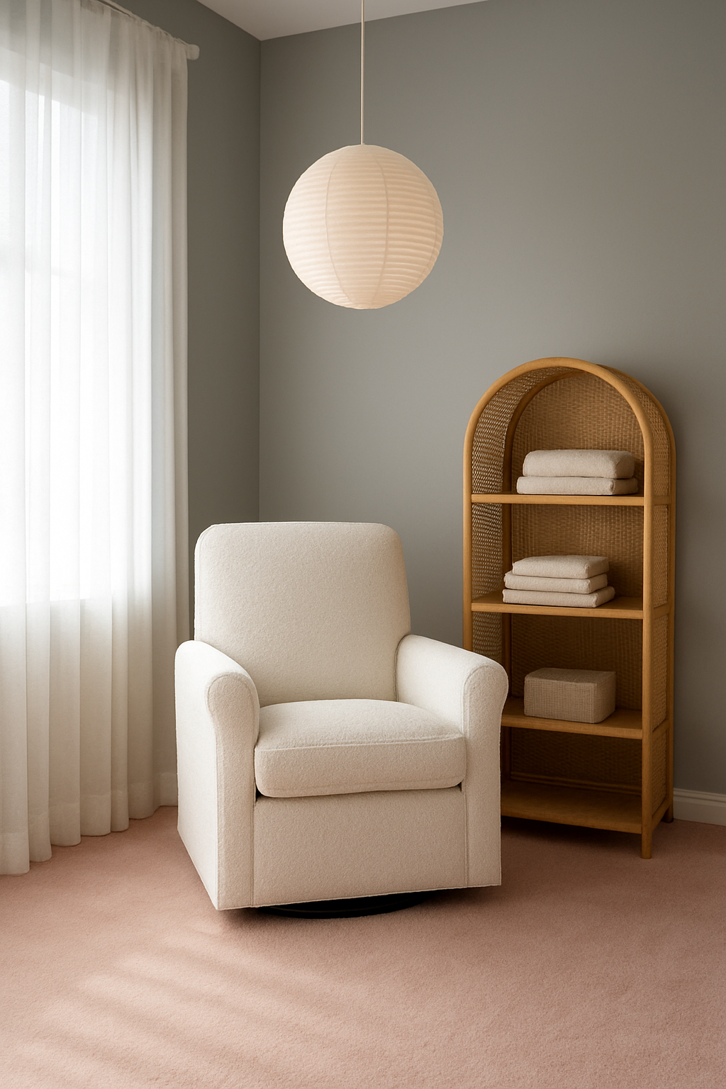 Nursery with gray walls and soft blush pink wall-to-wall carpet