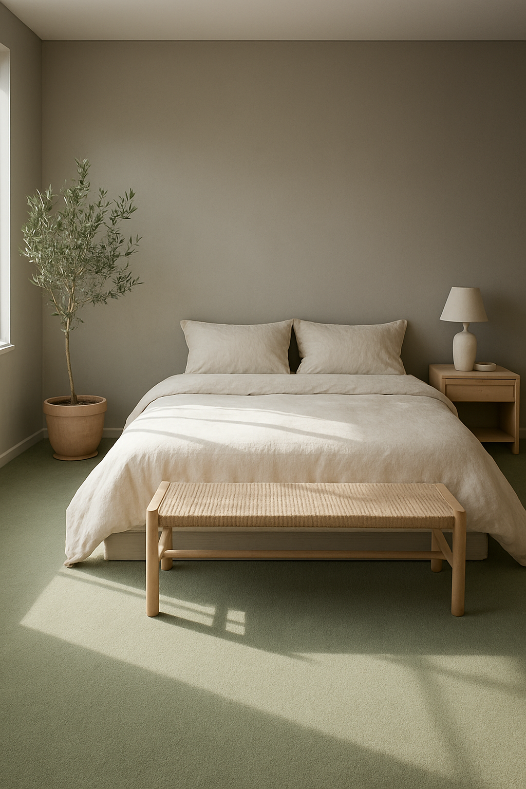 Bedroom with gray walls and sage green wall-to-wall carpet