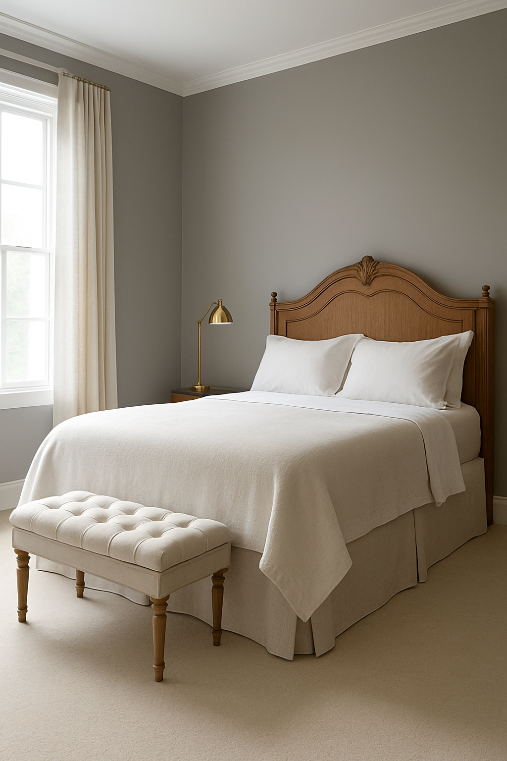 Guest room with gray walls and cream wall-to-wall carpet