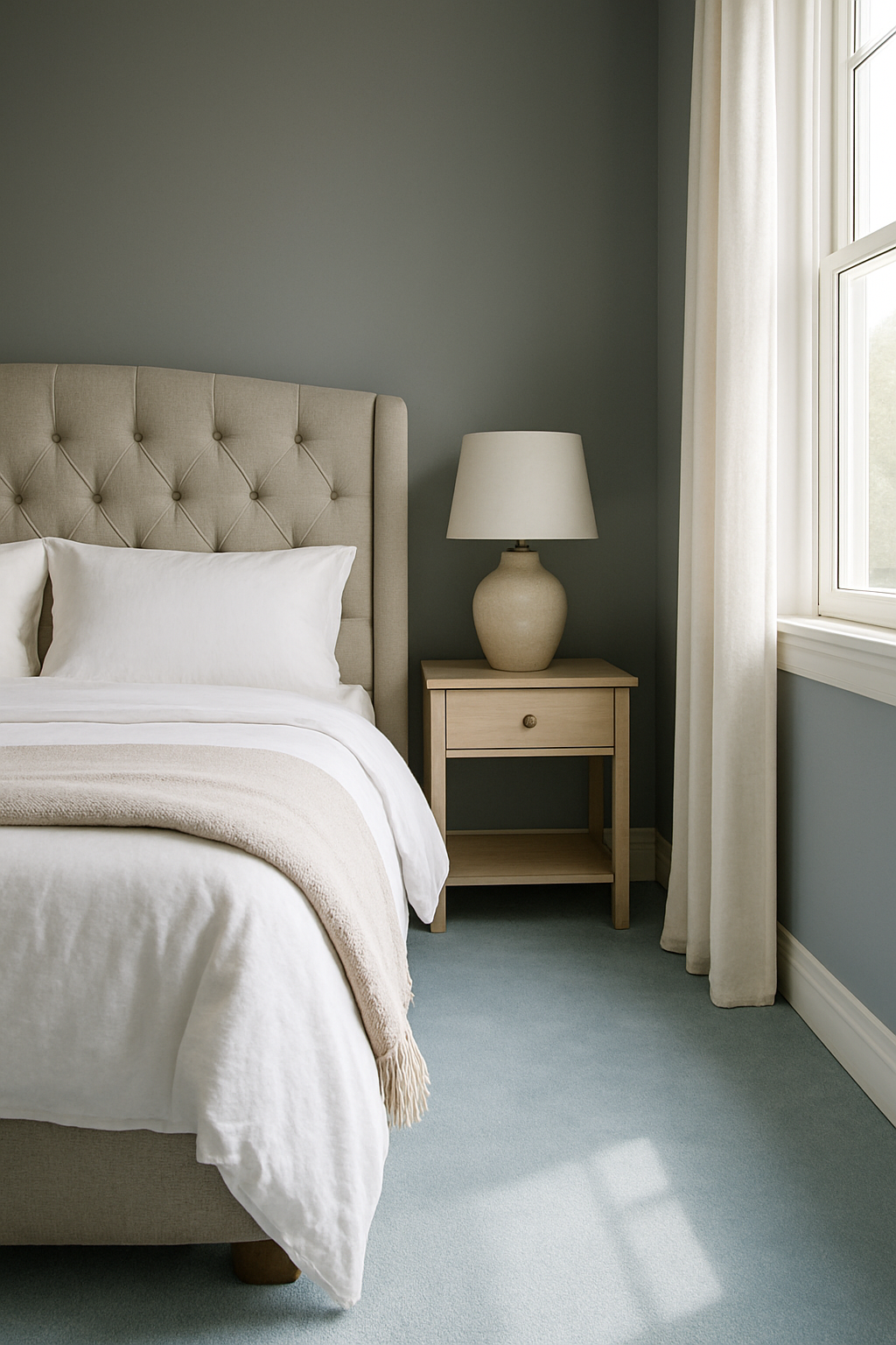 Bedroom corner with gray walls and pale blue wall-to-wall carpet