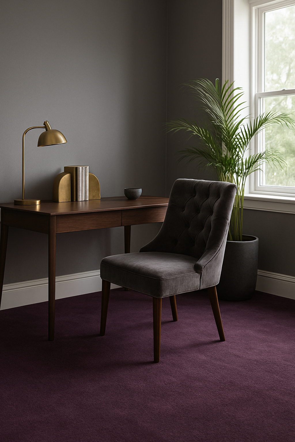 Home office with gray walls and deep purple wall-to-wall carpet