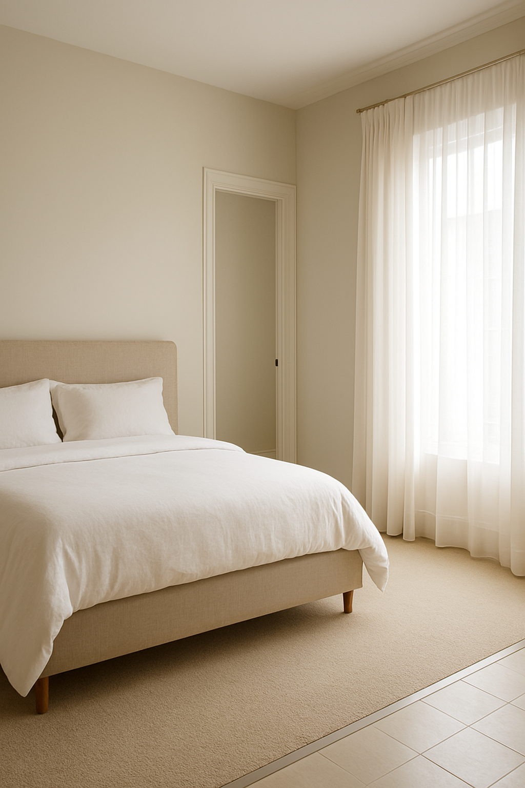 Bedroom with warm white walls and oatmeal beige carpet meeting bathroom tile