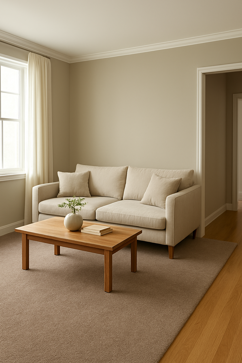 Living room with soft greige walls and warm taupe carpet meeting hardwood floor