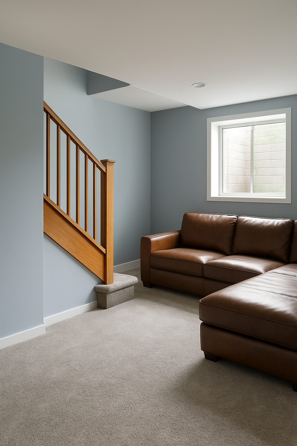 Basement with gray blue walls and heather gray carpet at bottom of stairs