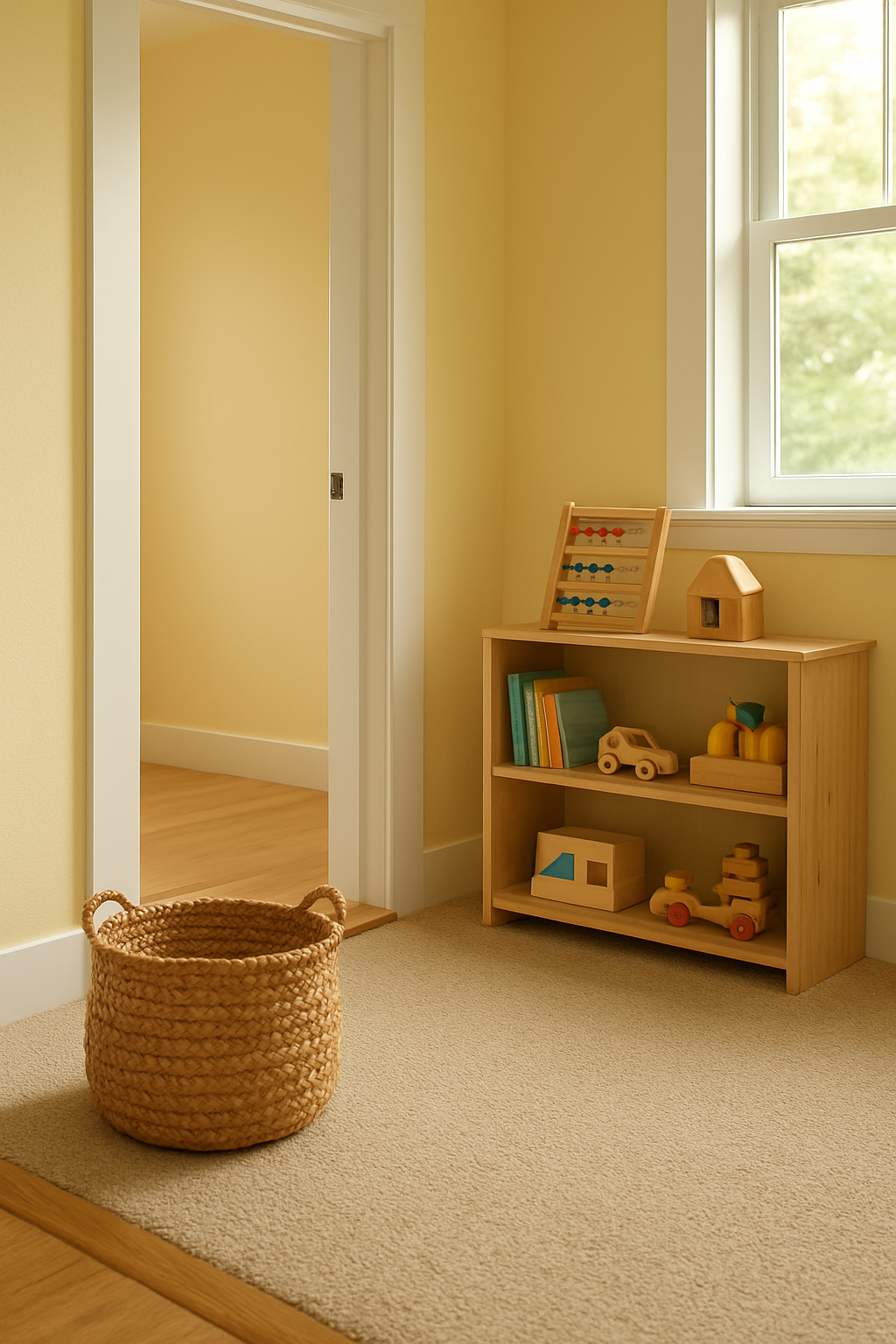 Playroom with soft yellow walls and warm taupe carpet meeting a lower floor