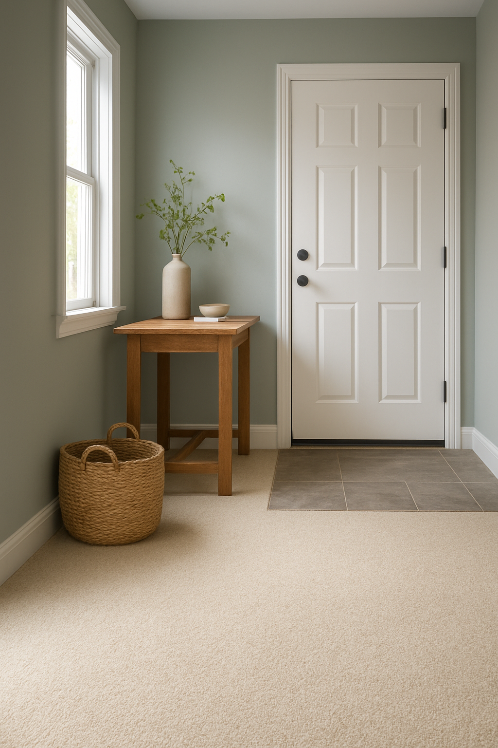 Entryway with gray green walls and oatmeal carpet meeting stone look tile