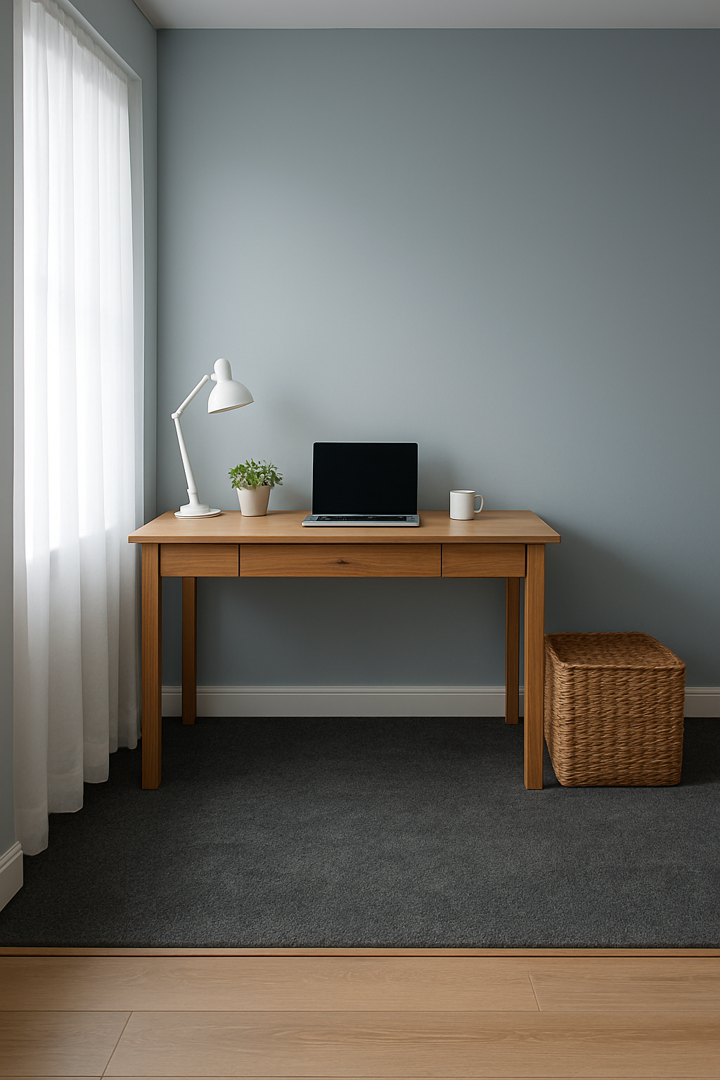 Home office with pale blue gray walls and charcoal gray carpet meeting laminate