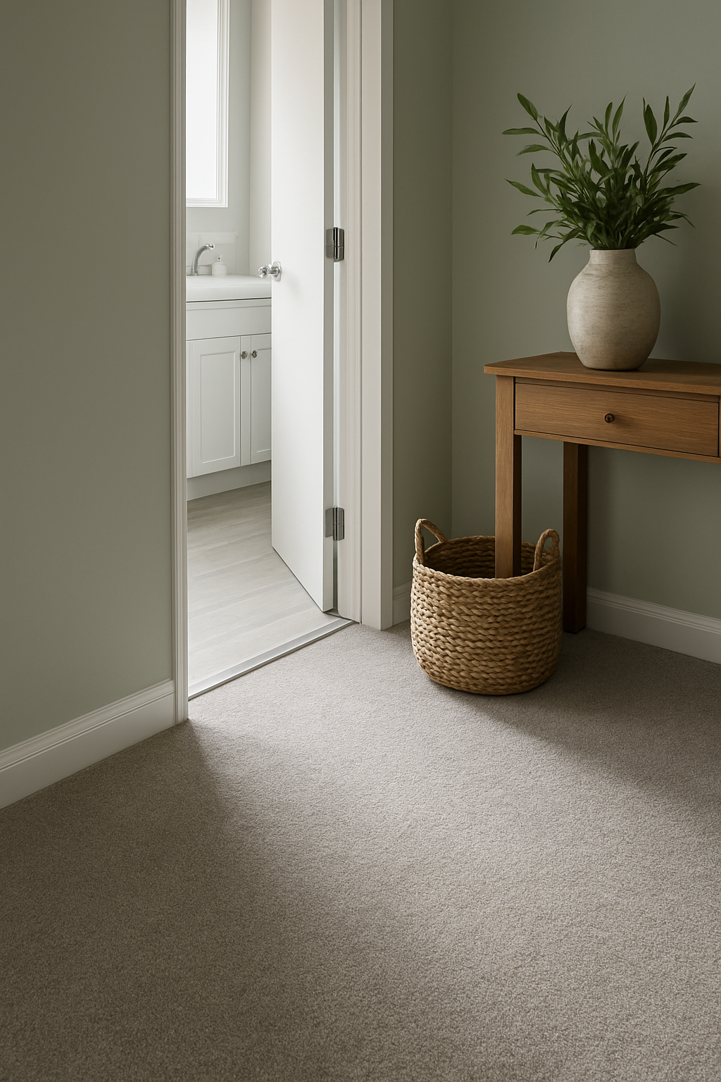 Hallway with sage green walls and heather gray carpet meeting vinyl plank floor