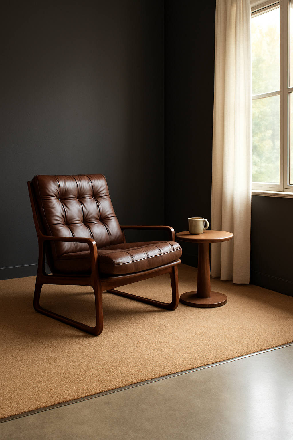 Den with charcoal gray walls and camel carpet meeting polished concrete floor