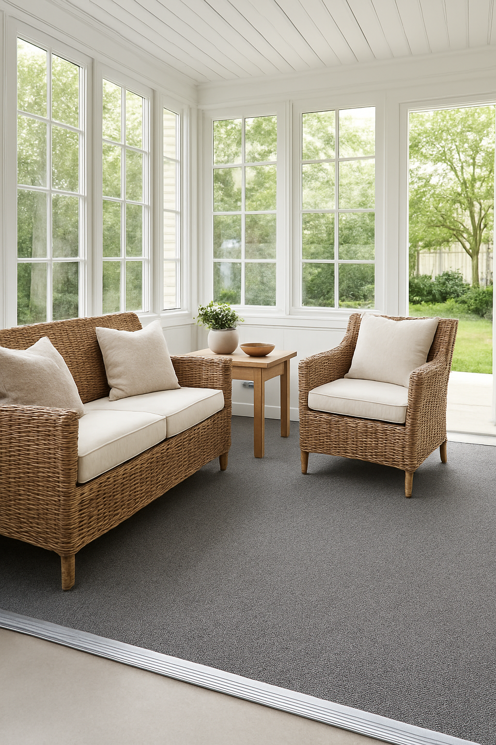 Sunroom with white walls and slate gray outdoor carpet meeting concrete patio