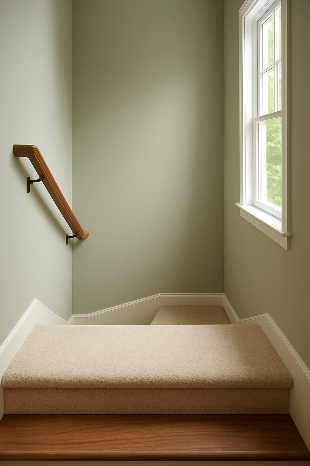 Stairwell with sage green walls and cream carpeted stairs meeting walnut floor