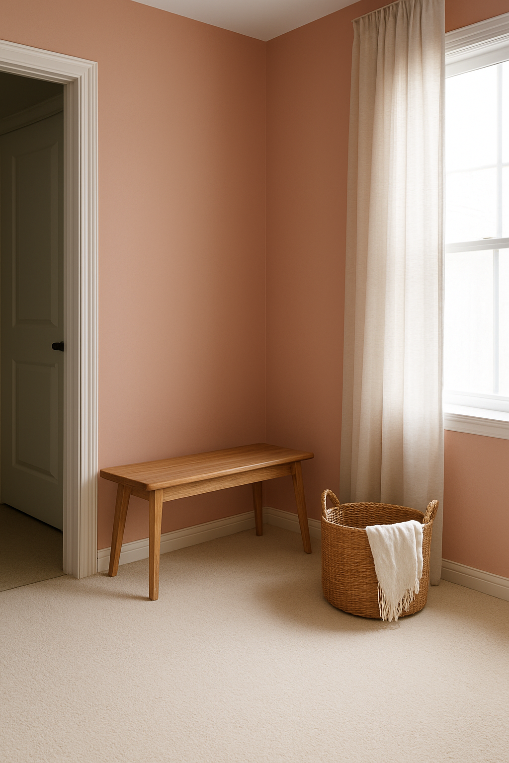 Guest room with blush pink walls and ivory carpet edge near closet doorway