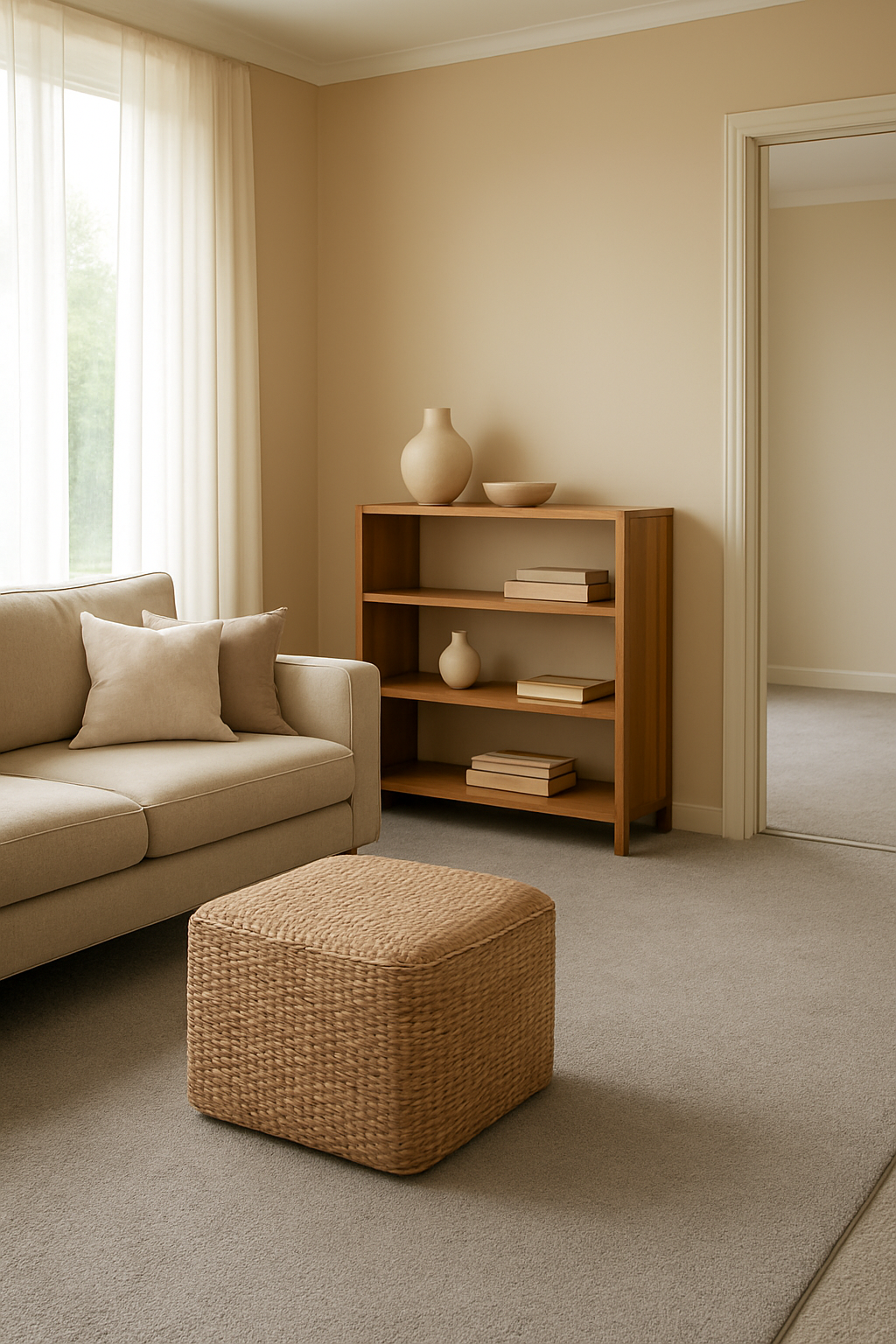 Family room with warm beige walls and dove gray carpet meeting another carpet