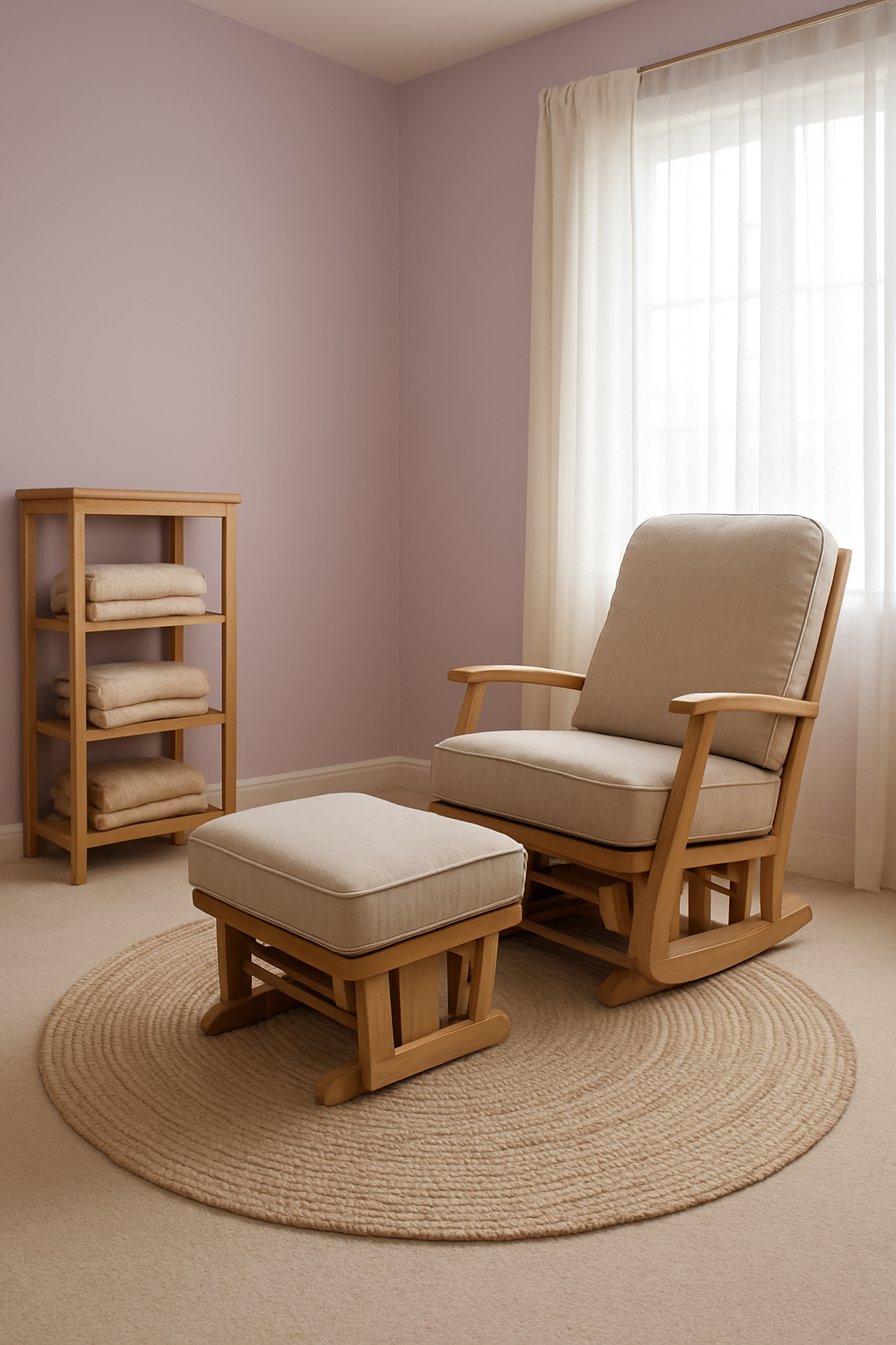 Nursery with lavender walls, cream carpet, and a round rug by a glider chair