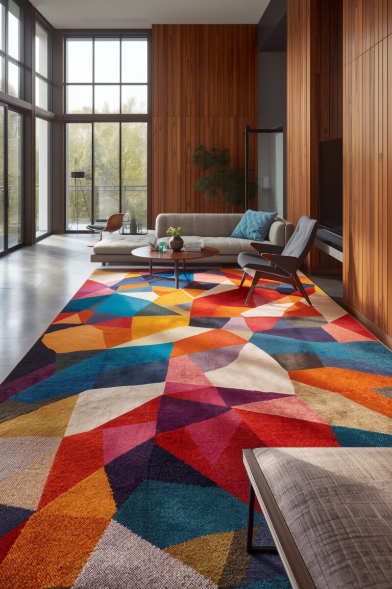 Modern living room with large colorful geometric patterned rug, gray sofa, wood-paneled walls, and floor-to-ceiling windows