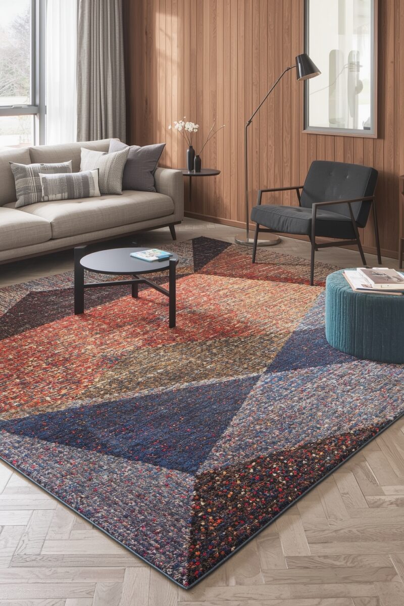 Modern living room with colorful geometric area rug in red, blue, and gold tones on herringbone wood floor