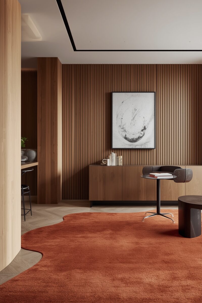 Modern interior with vertical wood slat wall, terracotta rug, walnut sideboard, abstract art, and dark accent chair
