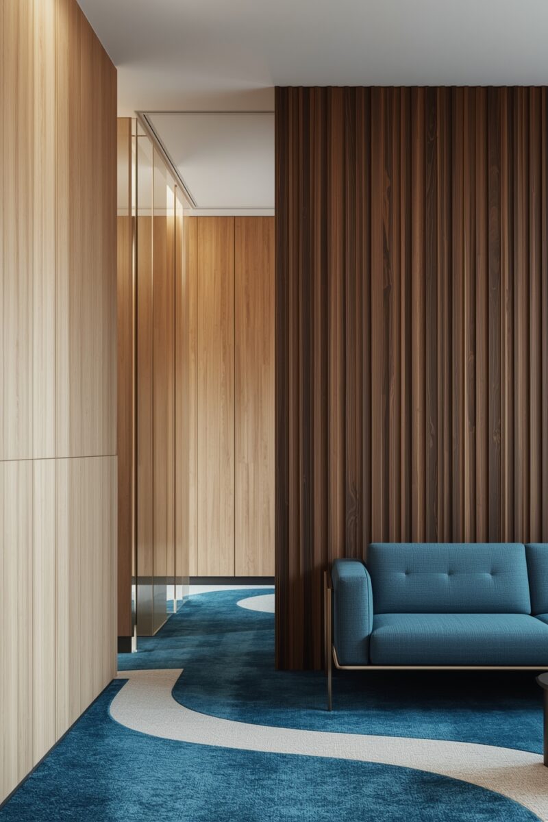 Modern interior with dark walnut fluted wall panels, teal blue sofa, and curved blue carpet in contemporary space