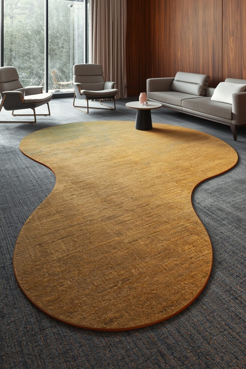 Organic-shaped golden yellow area rug with wavy edges in a modern living room with gray sofa and lounge chairs