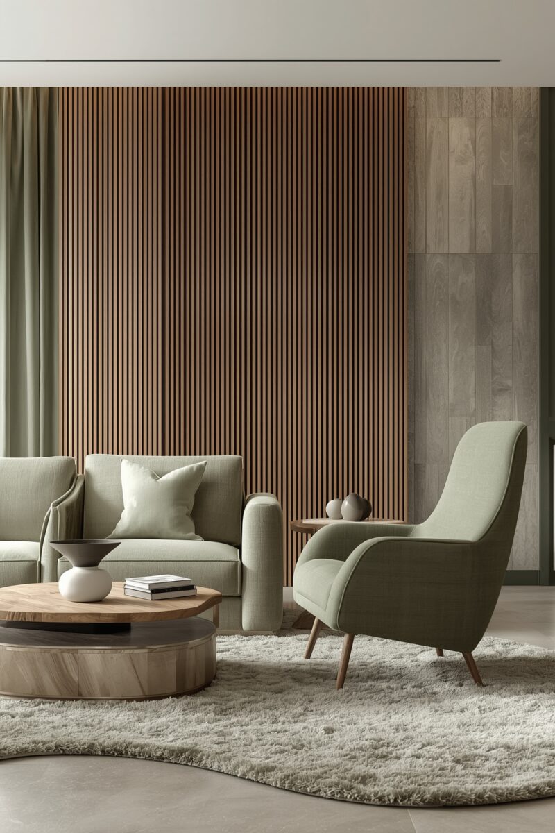 Modern minimalist living room with sage green sofa, armchair, round wood coffee table, and vertical wood slat accent wall
