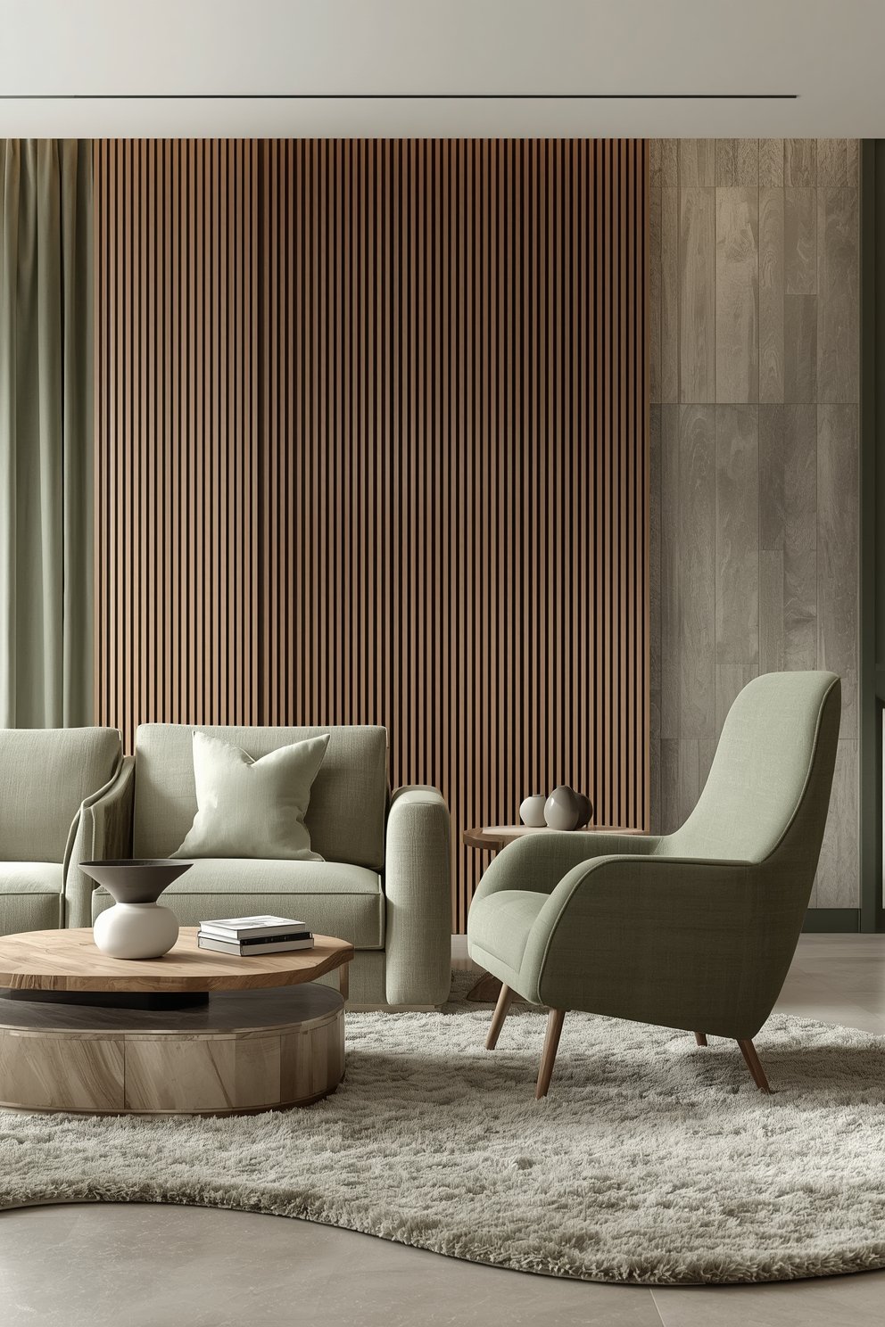 Modern minimalist living room with sage green sofa, armchair, round wood coffee table, and vertical wood slat accent wall