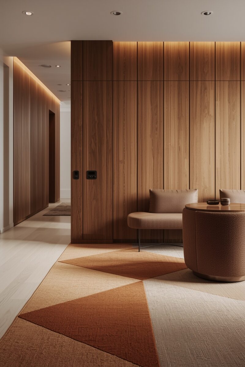 Modern minimalist interior with warm walnut wood wall panels, geometric earth-tone rug, and curved upholstered furniture