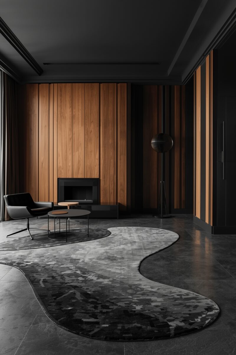 Dark luxury living room with walnut wood panel wall, black fireplace, modern chairs, nesting tables, and organic-shaped gray rug