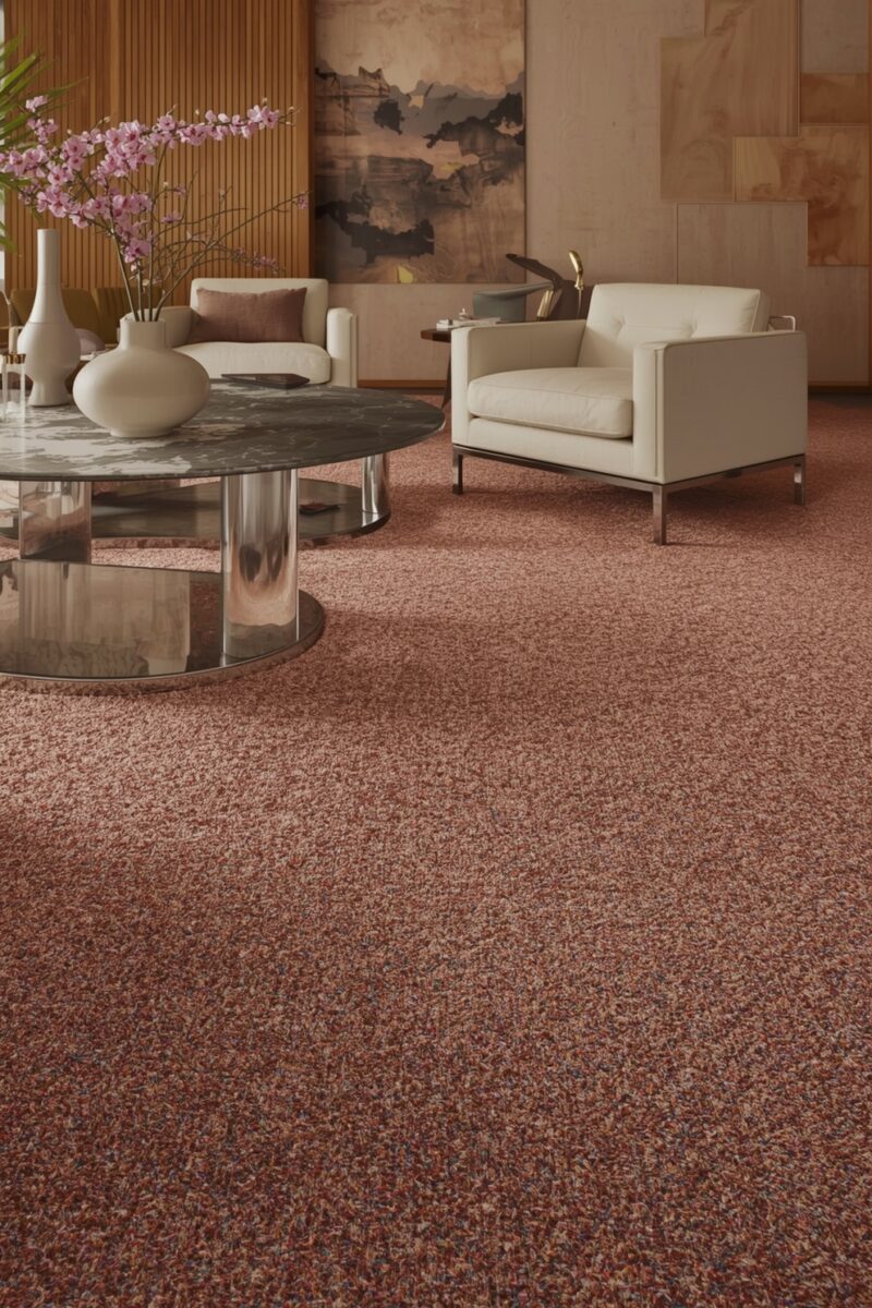 Modern living room with terracotta speckled carpet, white leather armchair, round marble coffee table, and pink orchids