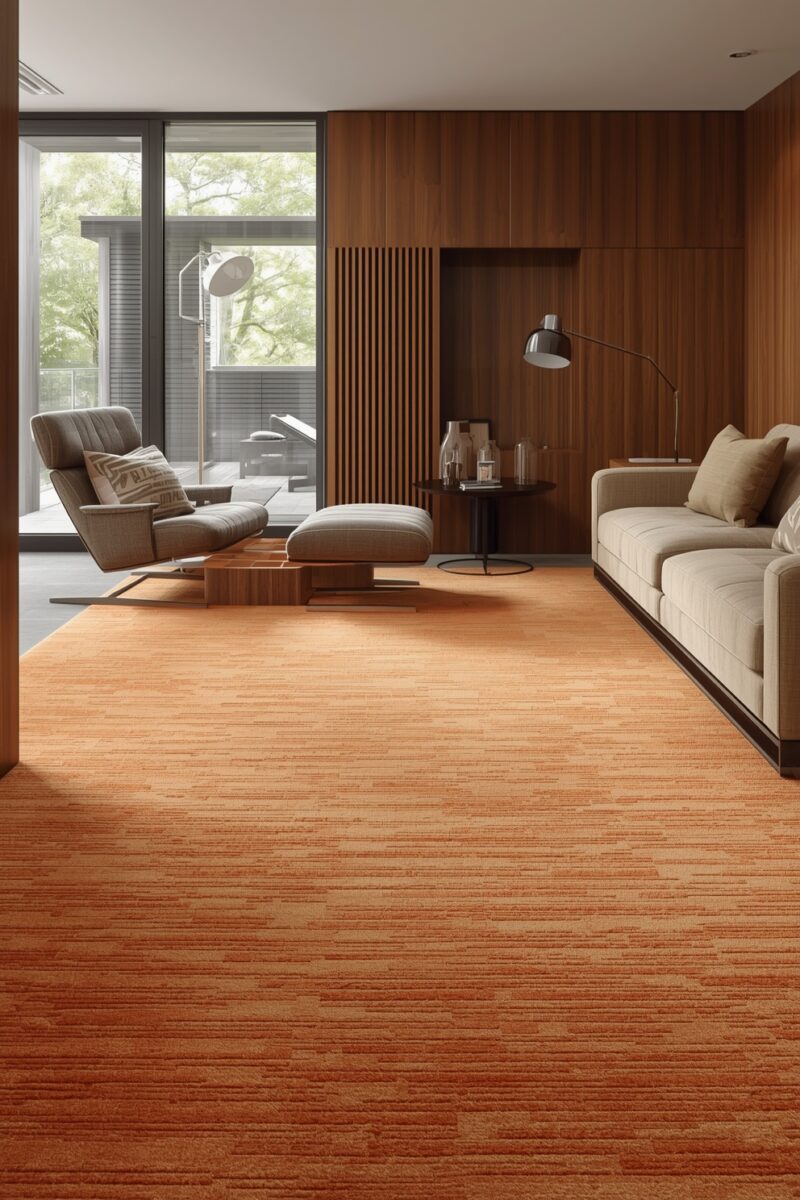 Modern living room with warm orange carpet, beige sofa, lounge chair, wood-paneled wall, and floor-to-ceiling windows