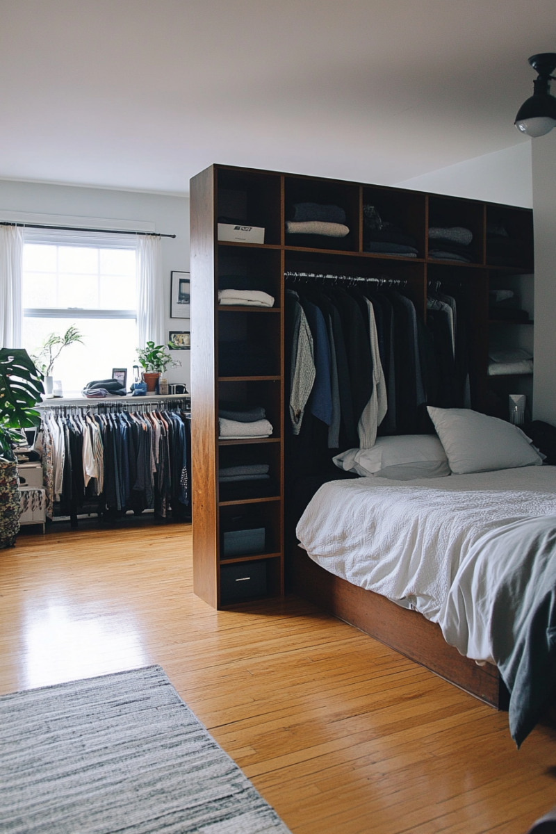 Kallax filled with clothes dividing a bedroom in 2 sections