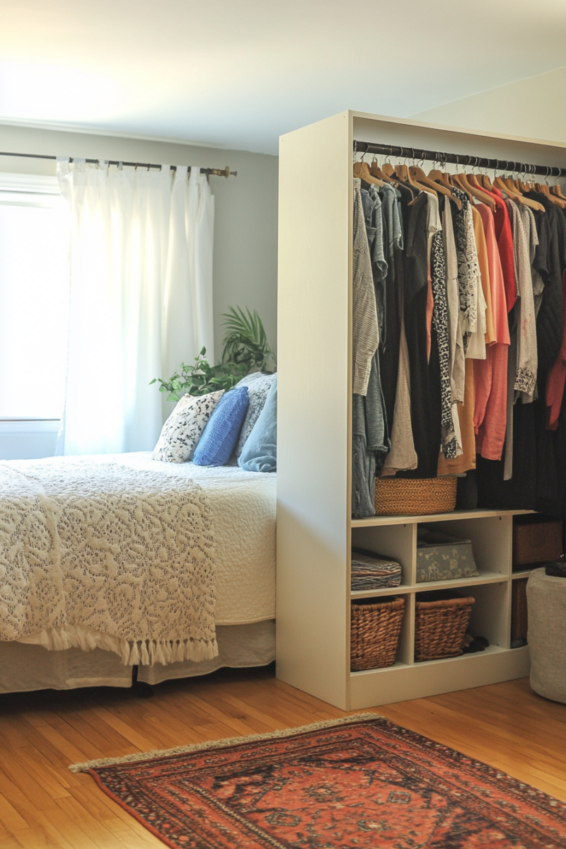 Kallax filled with clothes dividing a bedroom in 2 sections