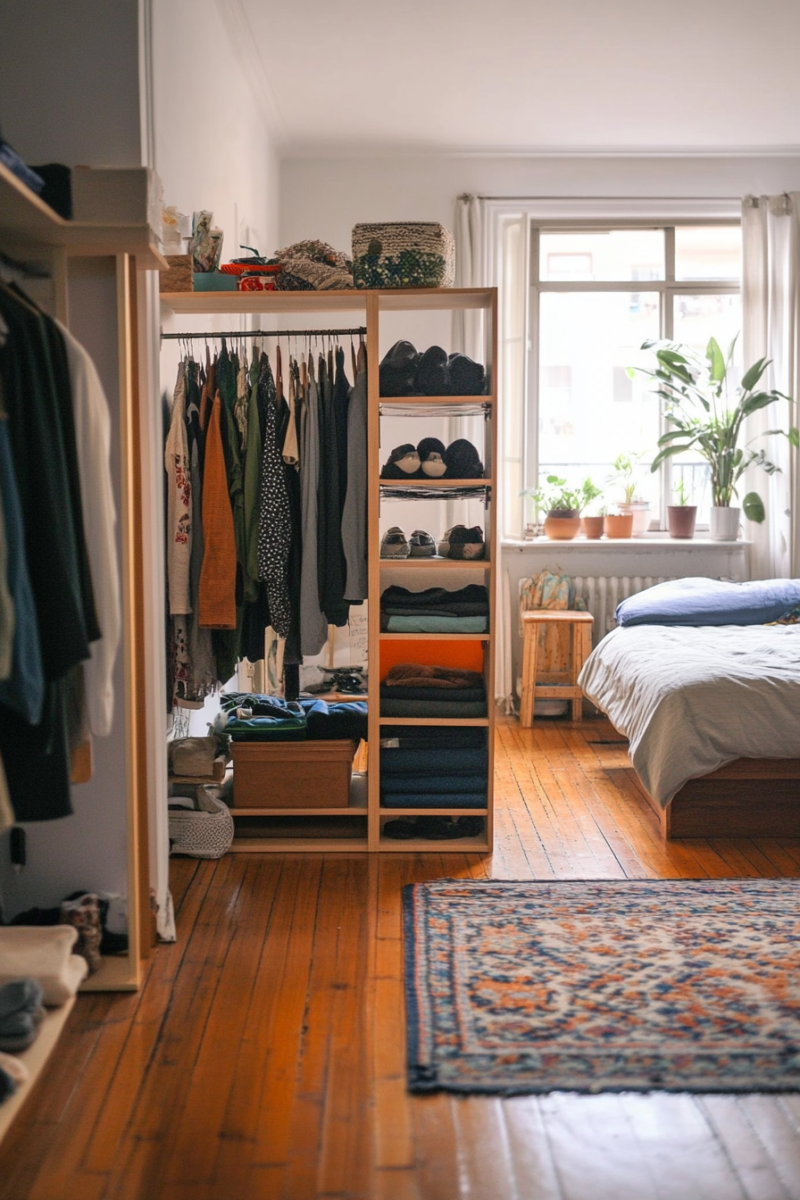 Kallax filled with clothes dividing a bedroom in 2 sections