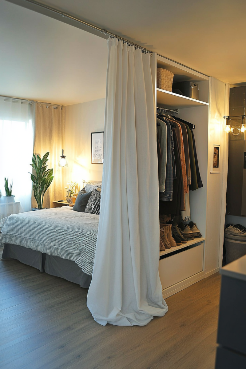 Kallax filled with clothes dividing a bedroom in 2 sections