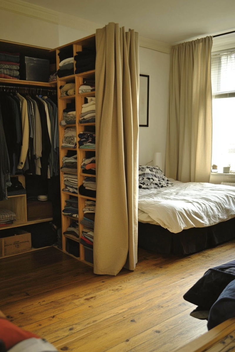 Kallax filled with clothes dividing a bedroom in 2 sections