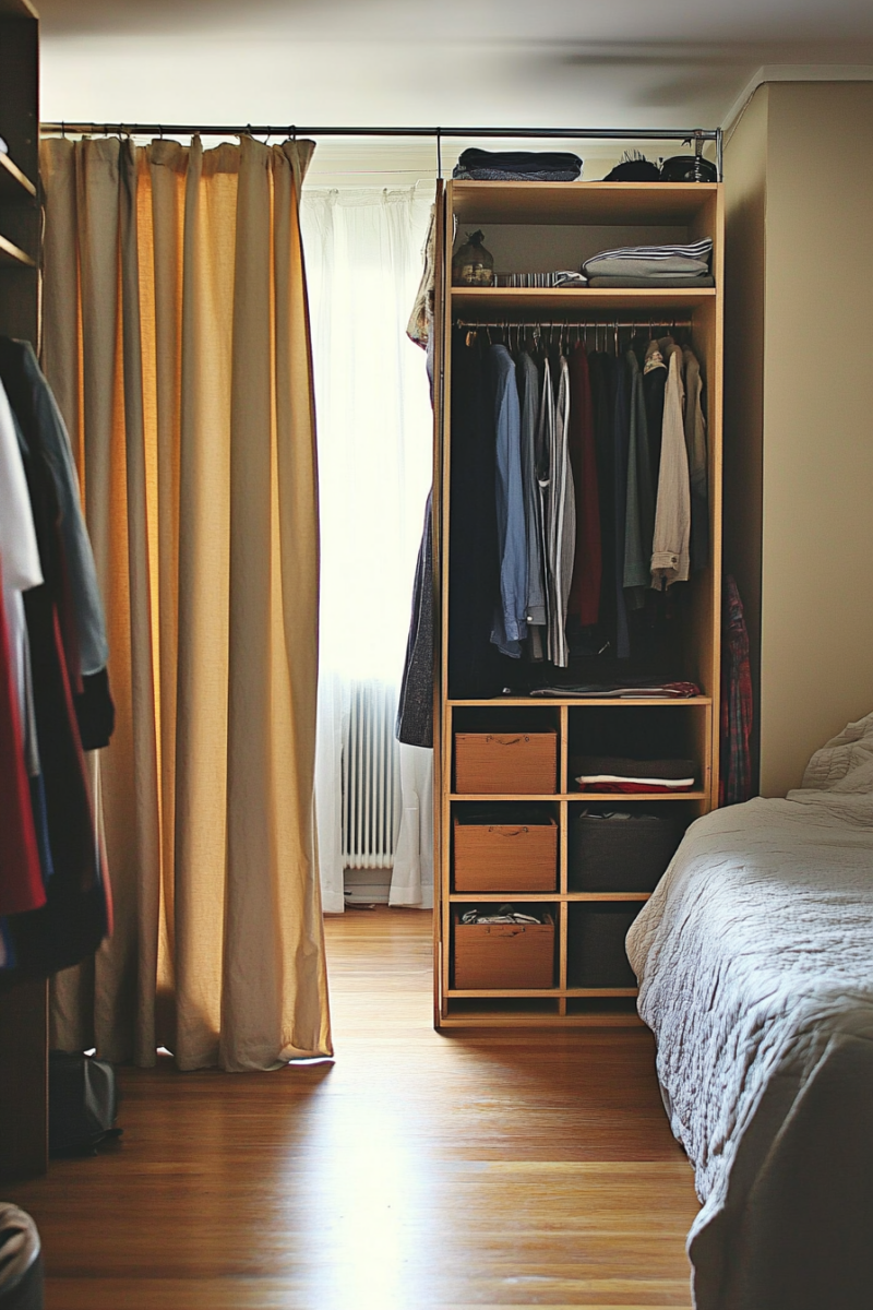 Kallax filled with clothes dividing a bedroom in 2 sections