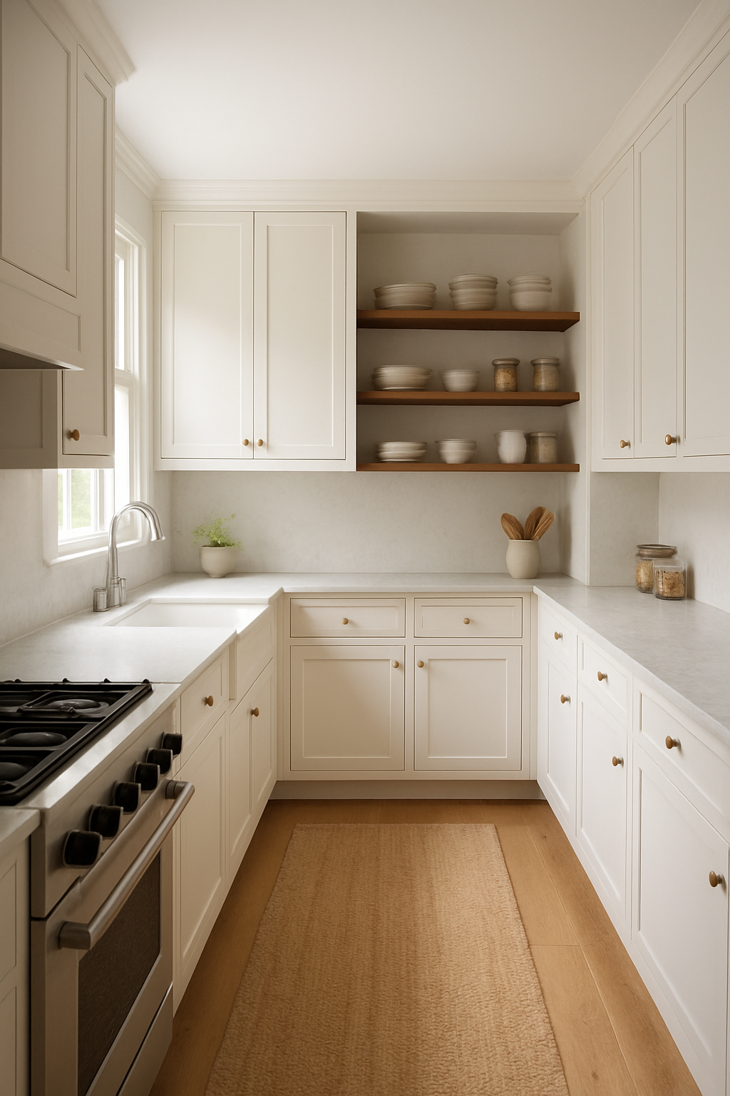 Wide view of white shaker kitchen with oak floor and open wood shelving