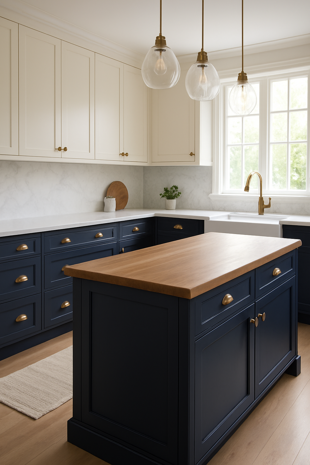 Three-quarter view of navy lower cabinets with brass pulls and marble counters