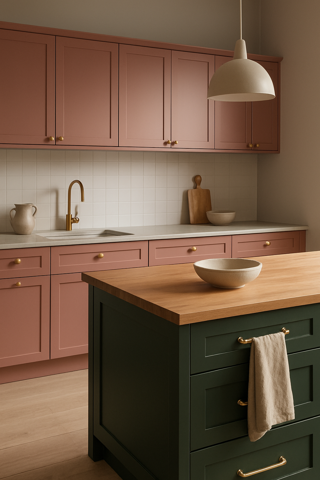 Three-quarter view of dusty rose cabinets around a mossy green island