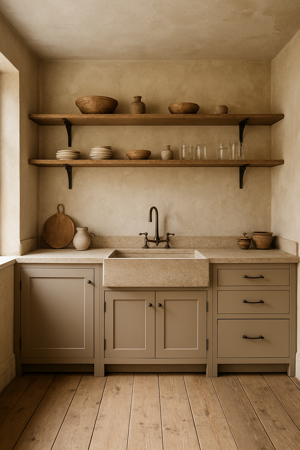 Wide view of greige cabinets with plaster walls and wide plank floors
