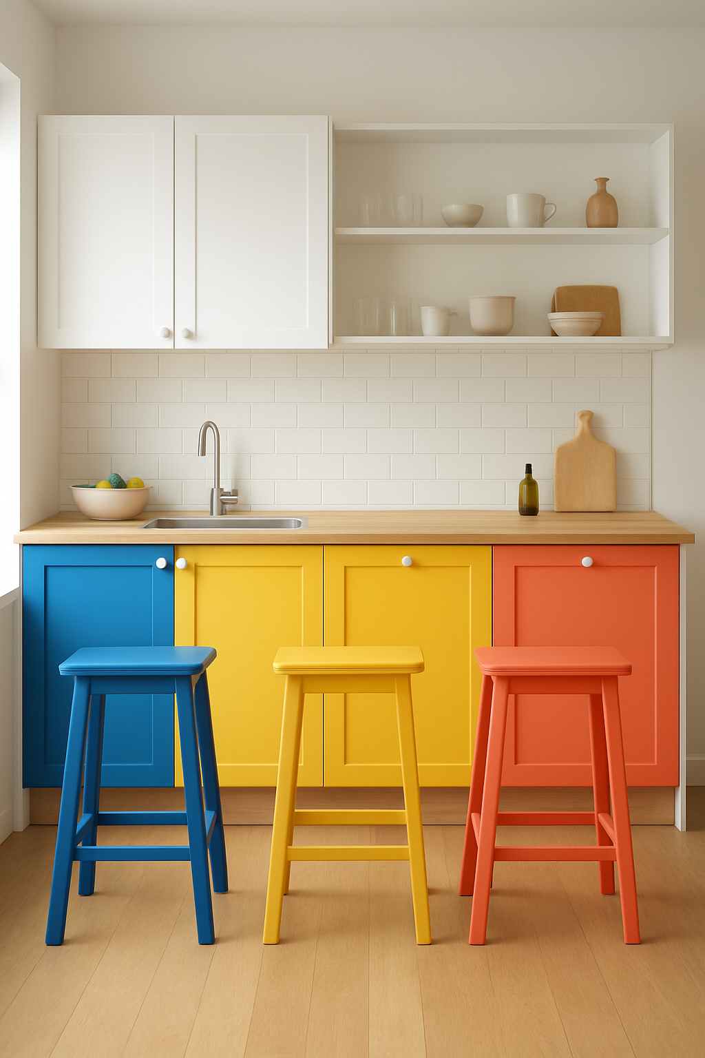 White and wood kitchen with cobalt, yellow and coral lower cabinets