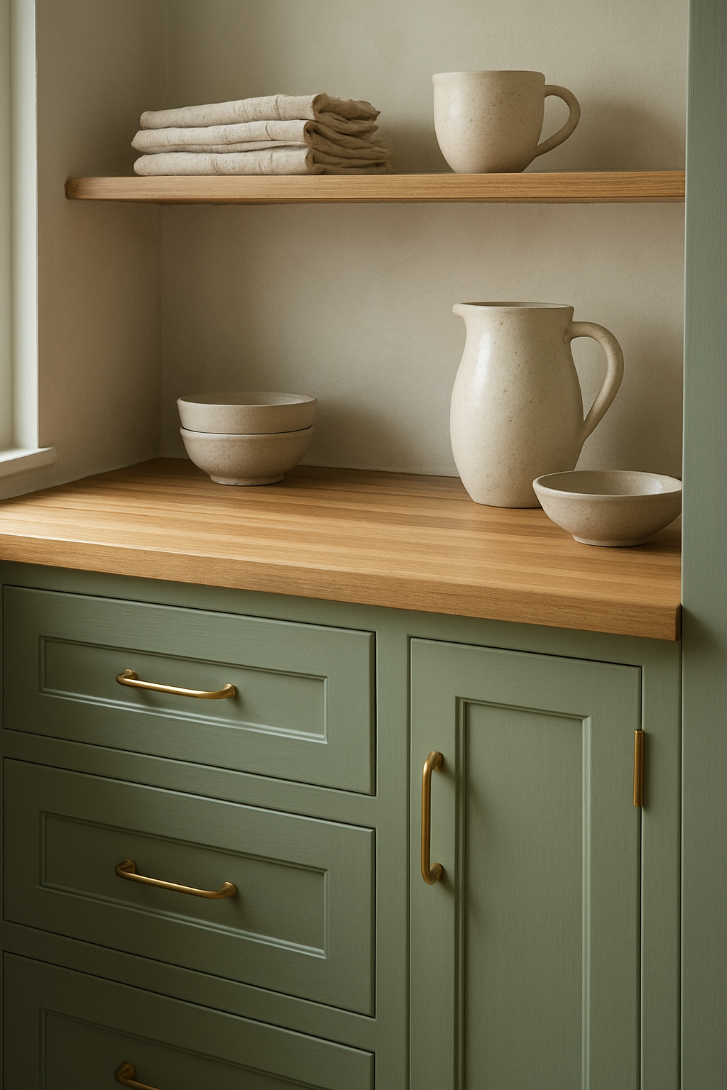 Close view of sage green island with butcher block top and brass hardware