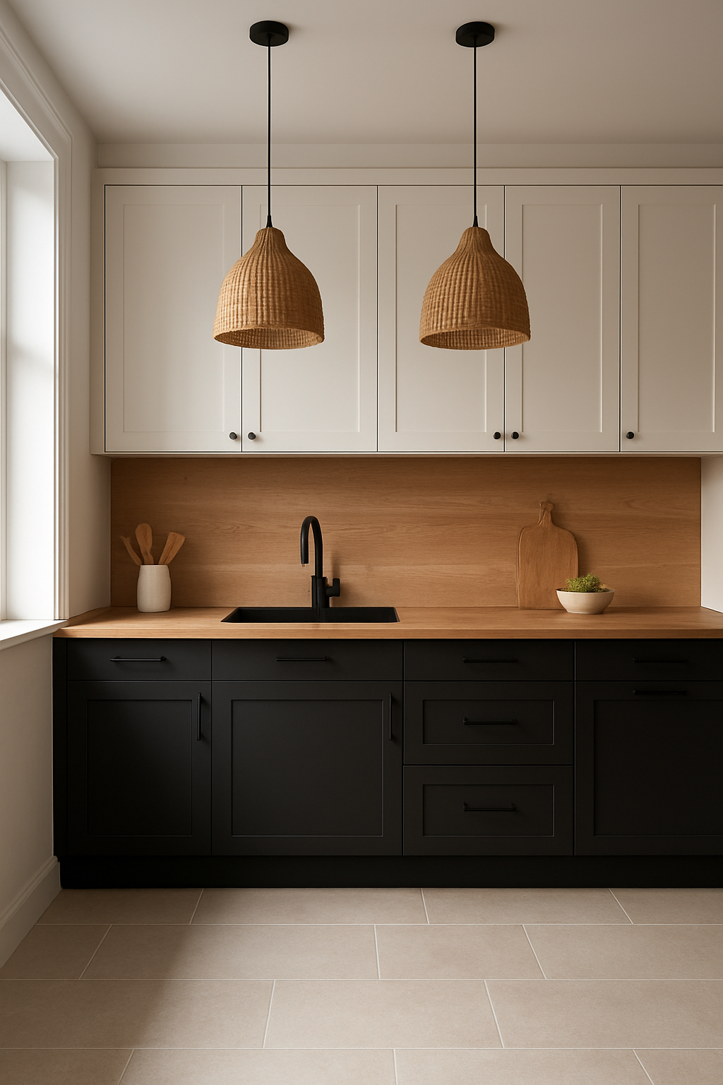 Wide view of black lower cabinets, white uppers, and a wood buffer counter