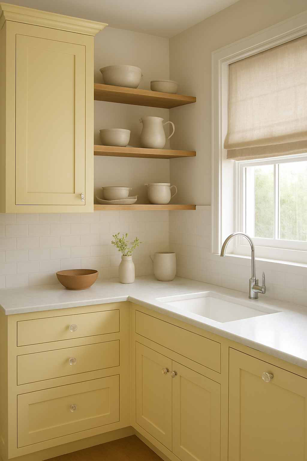 Three-quarter view of butter yellow cabinets with oak shelving and glass knobs