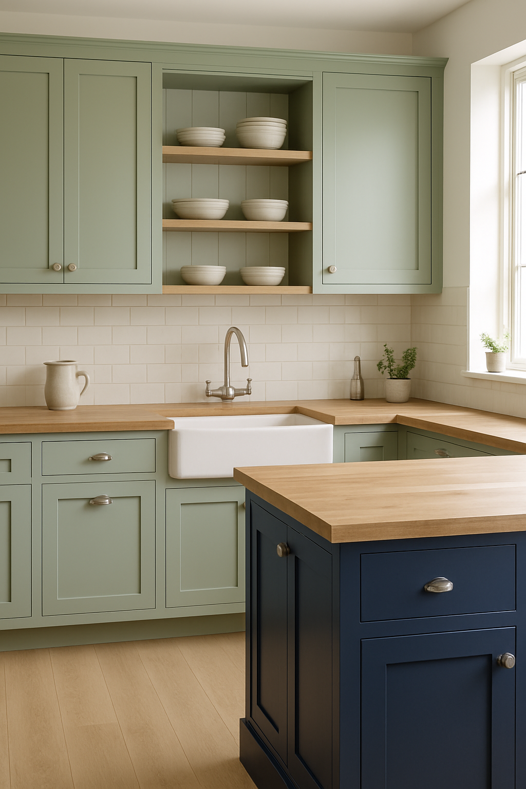 Wide view of a blue island beside sage green perimeter cabinets in one kitchen