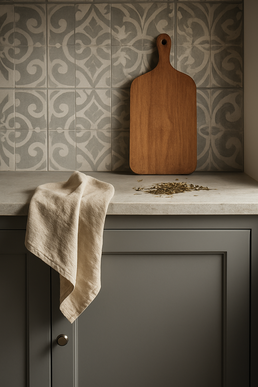 Close view of gray cabinet front with stone counter and patterned tile