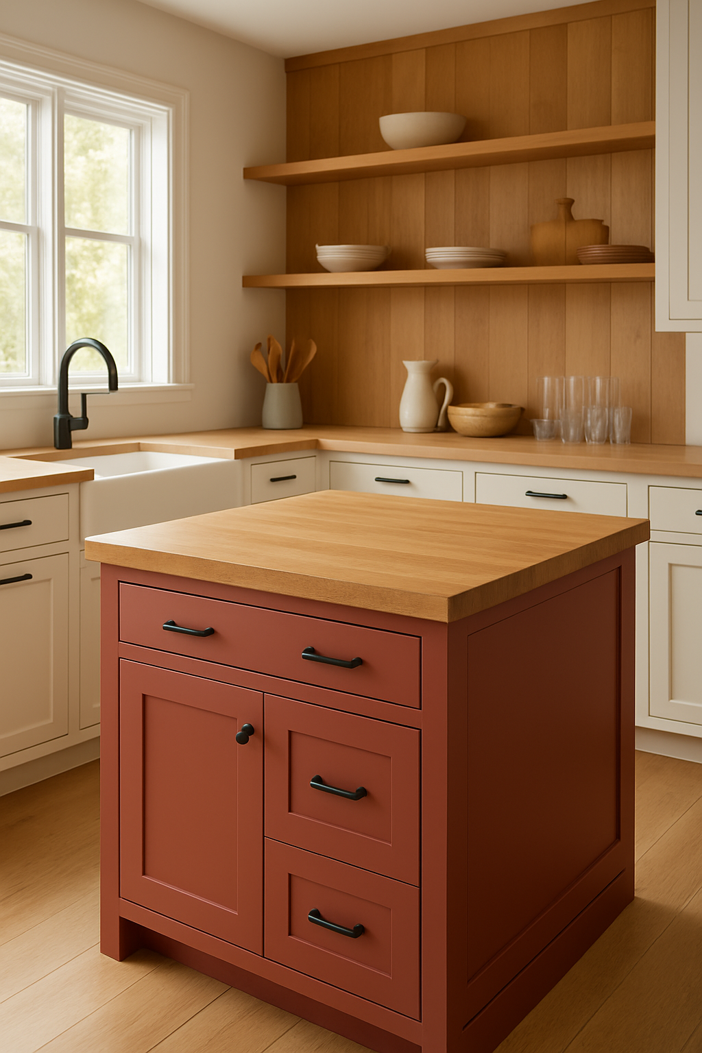 Three-quarter view of a brick red island beside pale cabinets and wood shelving