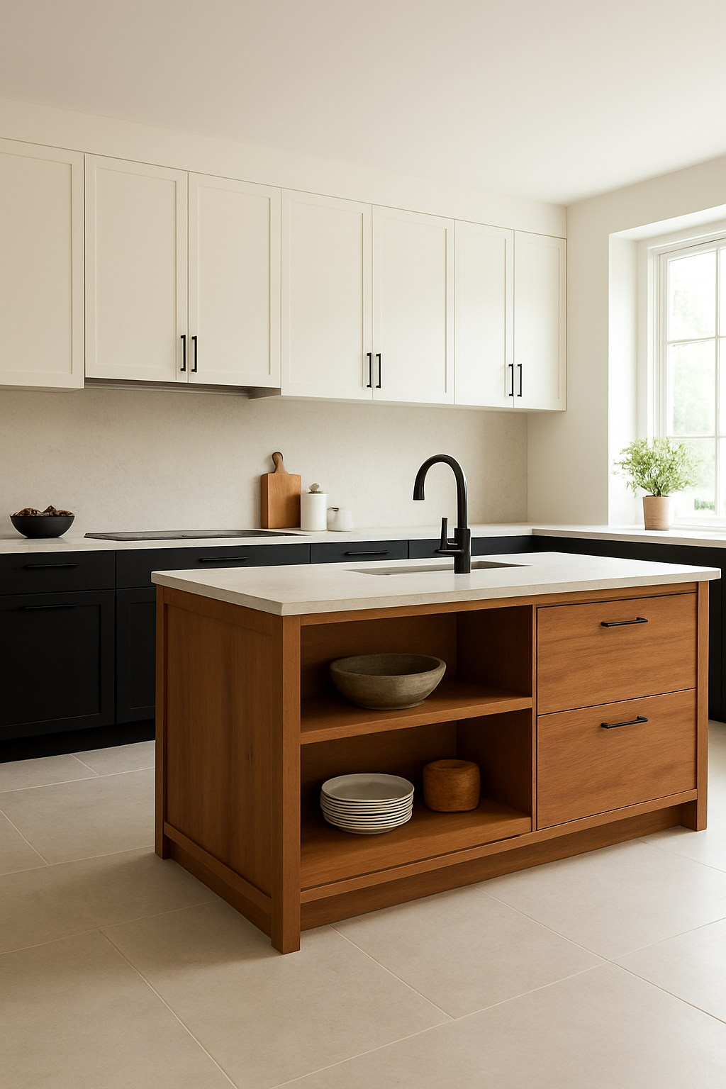 Wide view of black, white, and wood zones arranged in one large kitchen