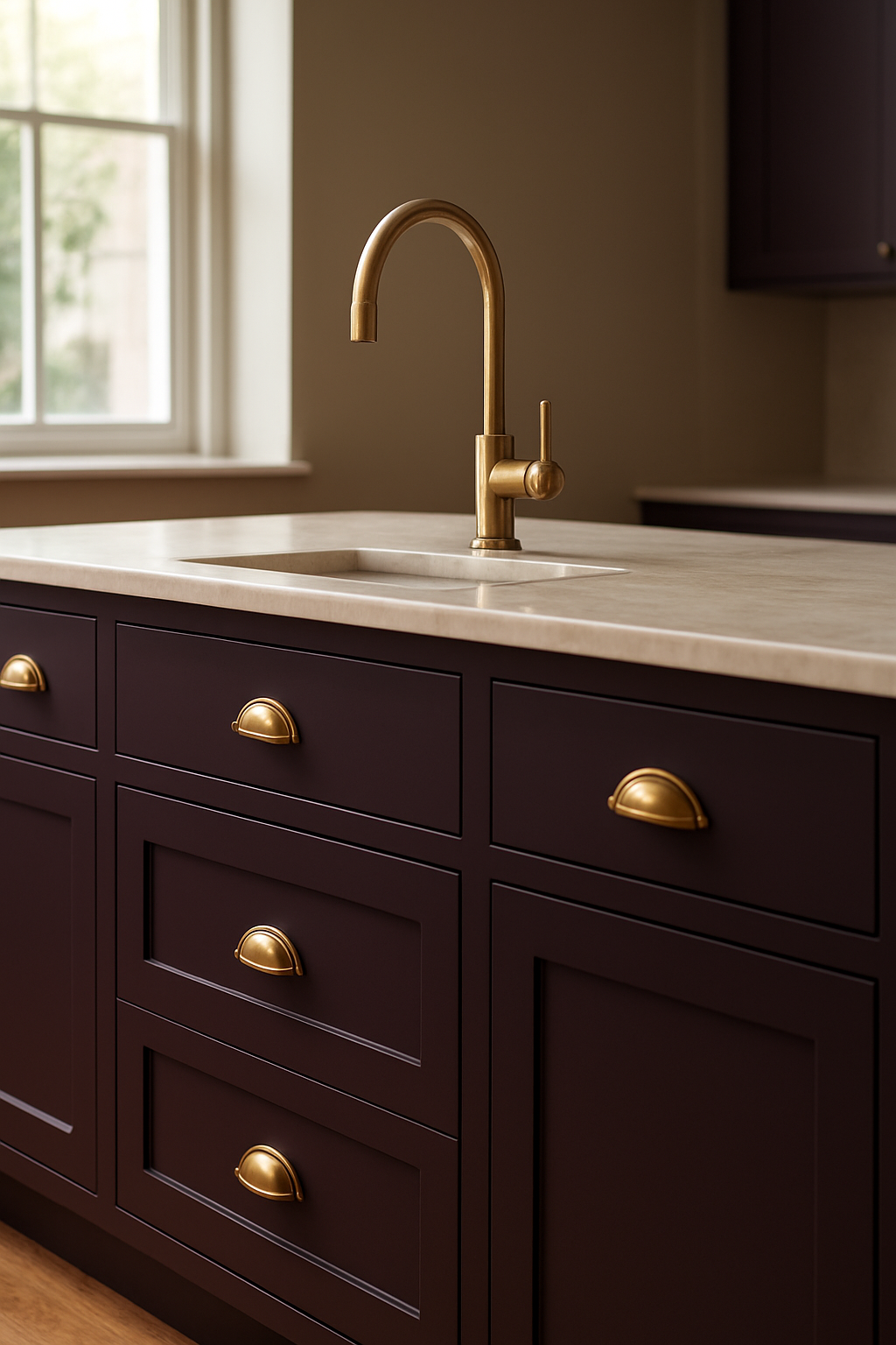Close view of an aubergine island with brass pulls and marble counter