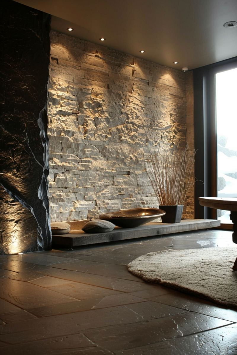 Rustic living room with a natural stone fireplace wall