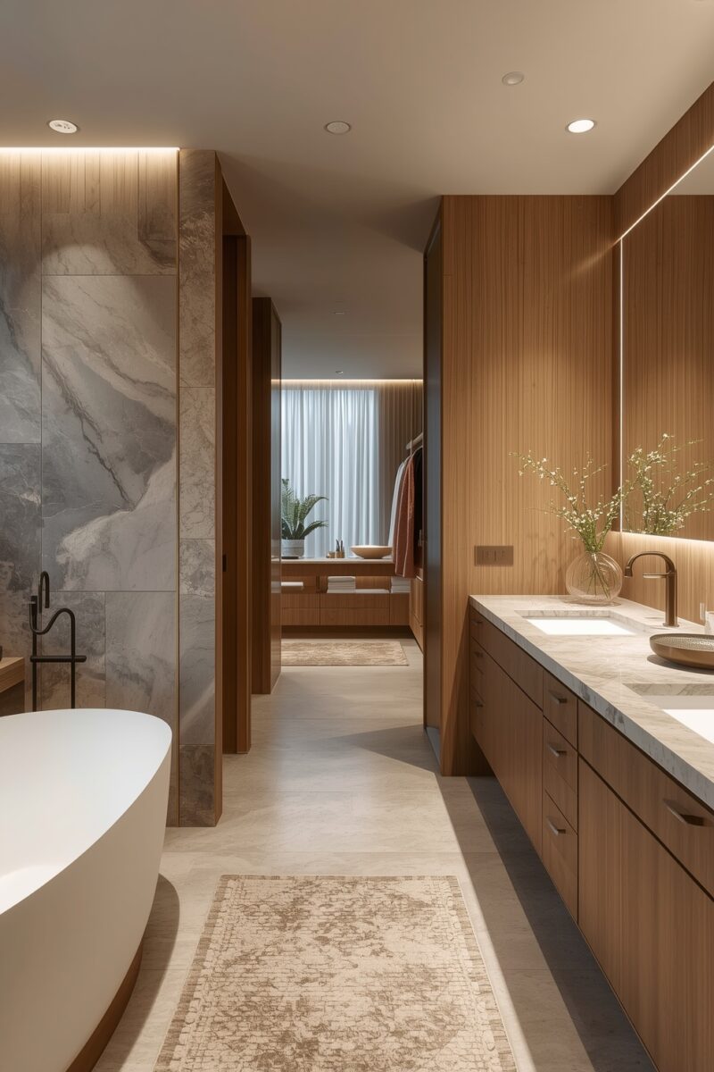 Luxurious modern bathroom with warm wood vanity, marble tiles, freestanding white soaking tub, and walk-in closet beyond